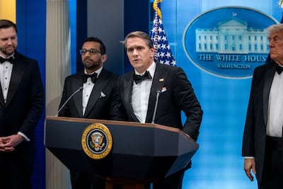 From left, US Vice President JD Vance, FBI director Kash Patel, acting US attorney general Todd Blanche and President Trump at a press conference at the White House after the shooting. Bloomberg