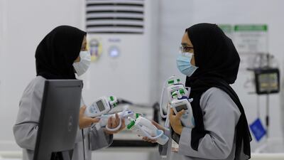 Bahraini health workers are pictured at the Sitra field Intensive Care Unit (ICU) hospital for Covid-19 patients. AFP