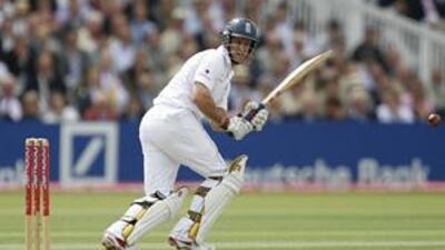Andrew Strauss plays a shot as England opt to bat first against Australia in the second Test at Lord's after winning the toss.