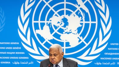 Mohamed Chande Othman, chairman of the International Fact-Finding Mission on Sudan, presents its first investigative report at the European headquarters of the UN in Geneva, Switzerland. EPA