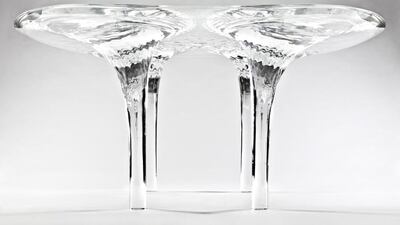 Design Days Dubai pieces: left, Zaha Hadid’s Liquid Glacial table. Courtesy David Gill Galleries