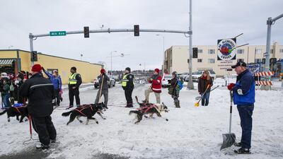 A team heads out at the ceremonial start of the Iditarod dogsled race in downtown Anchorage on March 5, 2016, to begin their near 1,000-mile journey through Alaska’s frigid wilderness Nathaniel Wilder/Reuters
