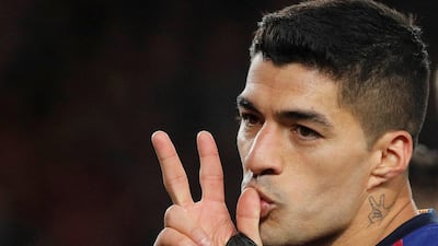 Barcelona's Luis Suarez celebrates scoring their fifth goal. Reuters