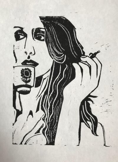 A lino print of renowned singer Fairouz, created by Rachel Smith for the Menna w Fina initiative in Lebanon