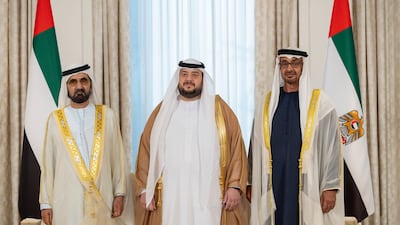 President Sheikh Mohamed and Sheikh Mohammed bin Rashid, Vice President and Ruler of Dubai, with new Investment Minister Mohammed Alsuwaidi. All photos: UAE Presidential Court
