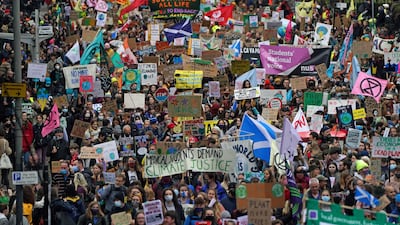 Demonstrators gather for the Fridays for Future march through Glasgow during the Cop26 summit. PA