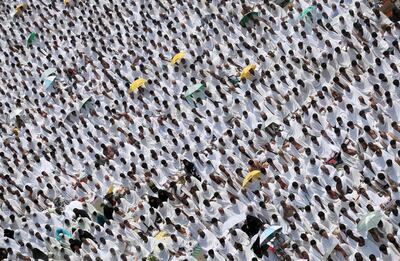 Muslim worshipers gather for prayer at Namirah mosque near Mount Arafat, also known as Jabal al-Rahmah. AFP