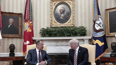 US president Donald Trump, right, meets Russian foreign minister Sergey Lavrov at the White House in Washington on May 10, 2017. Russian Foreign Ministry Photo via AP