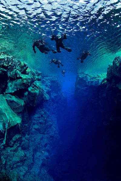 Snorklers in the continental crack of Silfra, freshwater, Iceland, Atlantic Ocean. Photo by Tobias Friedrich Schnorchler in der Kontinentalspalte Silfra, Süßwasser, Island, Atlantischer Ozean.