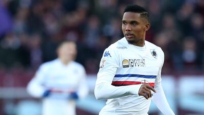 Samuel Eto'o shown during the 2014/15 season with Serie A club Sampdoria in a league match. Marco Bertorello / AFP / February 1, 2015