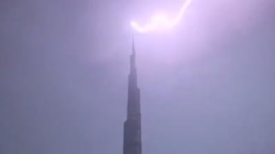 The Burj Khalifa is struck by lightning. Courtesy Twitter