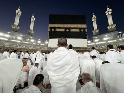 Muslim pilgrims in ihram perform tawaf around the Kaaba at the Grand Mosque in Makkah. AFP