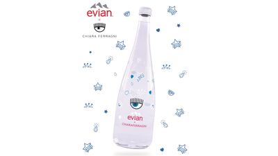 The limited-edition Evian bottle sports Chiara Ferragni's signature “Flirting” eyelash motif. Courtesy Evian
