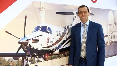 Marios Belidis, general manager at GI Aviation, at the MEBAA show in Dubai yesterday. Pawan Singh / The National