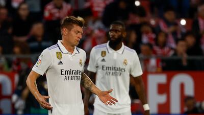 Real Madrid's Toni Kroos, front, reacts after Girona's Taty Castellanos scores the opening goal. AP Photo