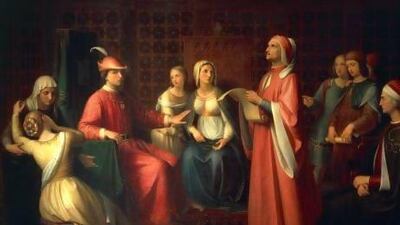 Dante Alighieri depicted reading The Divine Comedy in Guido Novello's court in 1850. DeAgostini / Getty Images