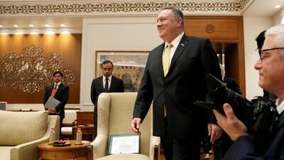 Mike Pompeo enters the room to meet with Indian Prime Minister Narendra Modi, at the Prime Minister's Residence. Reuters