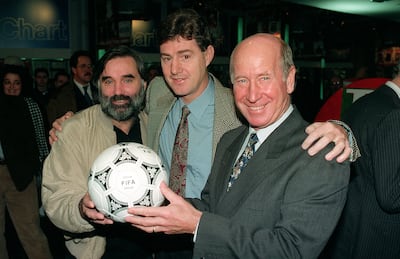 George Best, left, Brian Kidd, centre, and Bobby Charlton, part of the 1968 Manchester United European Cup winning team, pictured together in 1992. PA