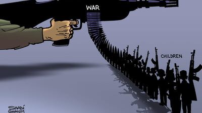 Shadi Ghanim is away on leave. While he is on holiday, The National is publishing a selection of his best work over the past year. Today’s cartoon, originally published in June last year, refers to the children recruited to fight in Syria.
