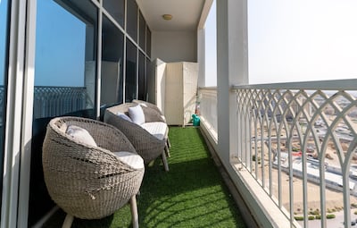One of three balconies at Sheeraz Shaikh's apartment in Dubailand. Chris Whiteoak / The National