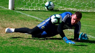 Argentina goalkeeper Franco Armani stops a ball during a training session in Belo Horizonte. AFP