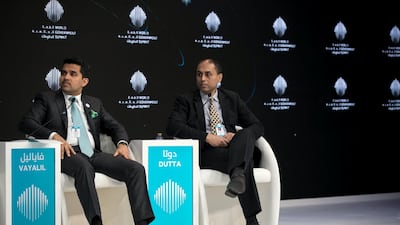 Dr Shamsheer Vayalil, chairman and managing director of VPS Healthcare, and Soumitra Dutta, professor of operations, technology and information management at Cornell University SC Johnson College of Business. Reem Mohammed / The National