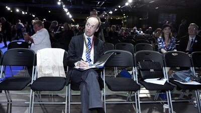 Finnish politician and a member of the European Parliament Jussi Halla-aho reacts after being elected a new chairman of the Finns Party at the congress in Jyvaskyl. Jussi Nukari via Reuters