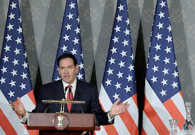 US Secretary of State Marco Rubio addresses a press conference at Hyderabad House in New Delhi, India. EPA