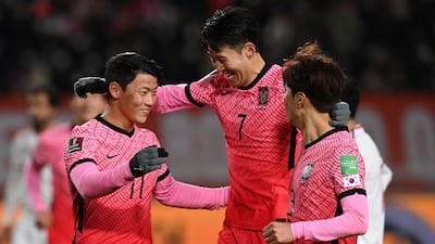South Korea's Hwang Hee-chan, left, celebrates his goal with teammate Son Heung-min in Goyang. AFP