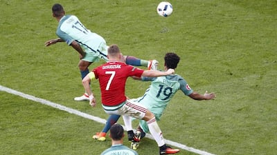 Hungary’s Balazs Dzsudzsak scores their third goal against Portugal in their Euro 2016 Group F match in Lyon. Max Rossi / Reuters