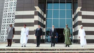 (L-R) Burkina Faso President Roch Marc Kabore, Niger President Mahamadou Issoufou, France President Emmanuel Macron, Mauritania President Mohamed Ould Ghazouani, Chad President Idriss Deby, Mali President Ibrahim Boubacar Keita during the G5 Sahel summit on June 30, in Nouakchott, Mauritania. AFP