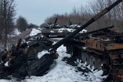 A charred Russian tank and other captured tanks in the Sumy region of Ukraine. Reuters