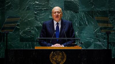 Lebanon's caretaker Prime Minister Najib Mikati addresses the 78th session of the UN General Assembly on Wednesday. EPA