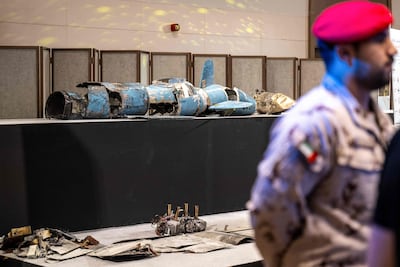 Pieces of missiles and drones recovered after Iran’s strikes are displayed by the UAE government in Abu Dhabi. AFP