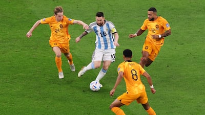 Argentina's Lionel Messi surrounded by Cody Gakpo, Memphis Depay and Frenkie de Jong of the Netherlands. EPA