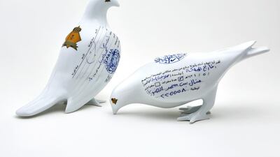 Home Ground: Contemporary Art is an exhibition by Sharjah’s Barjeel Art Foundation that opens at Toronto’s Aga Khan Museum on Saturday. On show are works by artists from the Middle East and North Africa, including Suspended Together – Standing Dove, Eating Dove, by Manal Al Dowayan (2012).