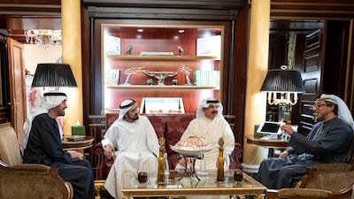 President Sheikh Mohamed, Sheikh Mohammed bin Rashid, Vice President, Prime Minister and Ruler of Dubai, Sheikh Mansour bin Zayed, Vice President, Deputy Prime Minister and Chairman of the Presidential Court, and King Hamad during the meeting