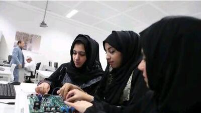 Students of Abu Dhabi Polytechnic work on an electronics project. Study shows socio-economic factors is a driving force for girls when choosing subjects of learning and pursuing careers.