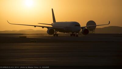 An A350 flight test aircraft in Al Ain. The plane maker's latest stretched version of the aircraft, the A350-1000, is due for its maiden flight tomorrow morning in France. Courtesy Airbus