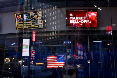 Televisions broadcast stock market information outside the Nasdaq MarketSite in New York on Monday. Technology shares led the biggest selloff in American stocks since 2022, as investors ditched longtime market leaders on rising worries the economy is headed for a recession. Bloomberg