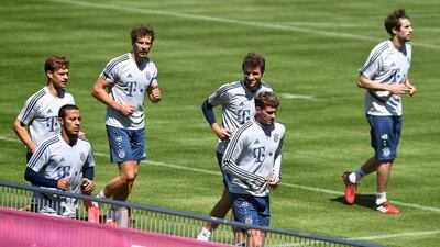 Bayern Munich players attend a training session at the Bundesliga club's ground in Munich on May 6. EPA