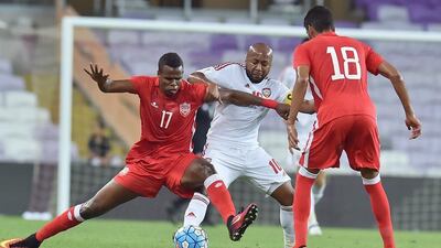Ismail Matar, centre, was on target for the UAE in their 2-0 friendly win over Bahrain at the Hazza bin Zayed Stadium in Al Ain. Courtesy UAE FA