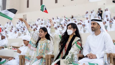 Sheikh Hamdan bin Mohamed; Sheikha Fatima bint Mohamed; Sheikha Shamma bint Khaled; and Sheikh Mohamed bin Khaled; attend the Union Parade during the Sheikh Zayed Heritage Festival. Hamad Al Kaabi / Presidential Court
