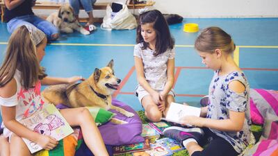 Reading dogs are calm and able to sit in one place. Courtesy Reading Dogs UAE