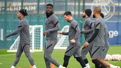 Kylian Mbappe, Eric-Junior Dina-Ebimbe, Lionel Messi, and Neymar, during a PSG training session. AP