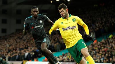 Norwich City's Nelson Oliveira in action with Chelsea's Antonio Rudiger. Action Images via Reuters/John Sibley