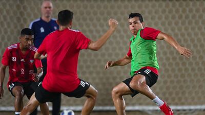 Forward Fabio De Lima (green bib) in UAE training at Al Wasl's Zabeel Stadium in Dubai. Courtesy UAE FA