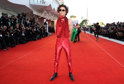 Timothee Chalamet in Haider Ackermann at the 79th Venice International Film Festival. Getty Images