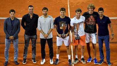 From left, Dusan Lajovic, Viktor Troicki, Grigor Dimitrov, Filip Krajinovic, Dominic Thiem, Alexander Zverev and Novak Djokovic during the Adria Tour. AFP