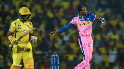 Jofra Archer celebrates taking the wicket of Chennai Super King's Ambati Rayudu in March 2019. AFP
